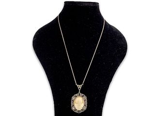 Sterling & Marcasite Pendant with Cameo Center on Chain