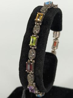 Sterling Silver Marcasite & Multi-Colored Gemstone Bracelet