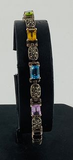 Sterling and Gemstone Line Bracelet with Marcasite Accent Links