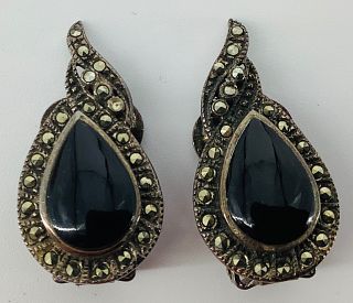Sterling, Onyx and Marcasite Stone Earrings