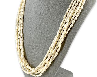 Vintage Multi-Strand Rice Pearl Necklace With a Gold Clasp `