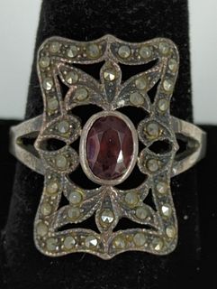 Sterling Silver Marcasite & Garnet Fashion Ring