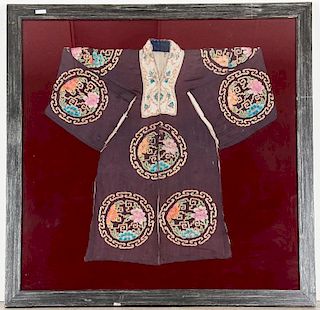 Antique Chinese Silk Embroidered Robe in Frame