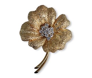 French 18K Gold and Diamond Flower Brooch