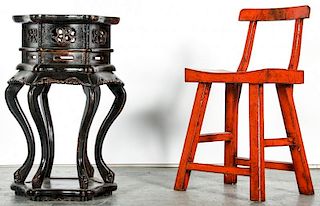 Chinese Red Lacquer Wood Chair and Side Table