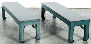 2 Modern Chinese Blue Lacquer Benches
