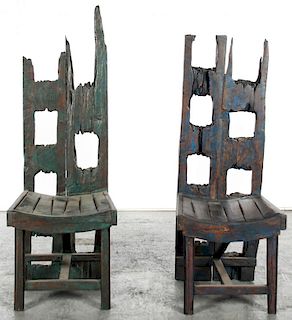 Pair of Rustic Thai Wood Arm Chairs