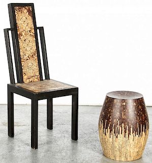 Modern Asian Inlaid Wood Chair and Stool