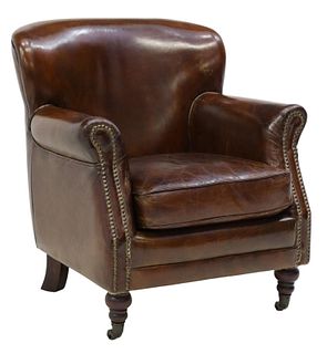 FRENCH BROWN LEATHER UPHOLSTERED LOW CLUB CHAIR