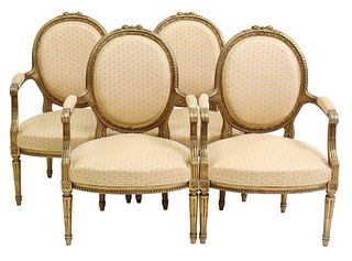 (4) LOUIS XVI STYLE GILTWOOD OVAL BACK FAUTEUILS