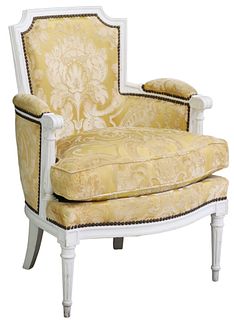 FRENCH LOUIS XVI STYLE PAINTED UPHOLSTERED BERGERE