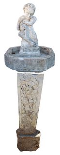 FRENCH CAST STONE PUTTO GARDEN BASIN, 73.25"H