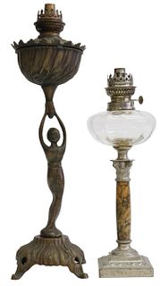 (2) CONTINENTAL PATINATED METAL & MARBLE OIL LAMPS