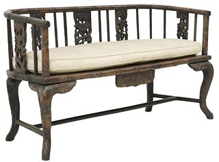 CHINESE ROSEWOOD BAMBOO-FORM UPHOLSTERED BENCH