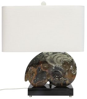 POLISHED AMMONITE FOSSIL TABLE LAMP ON MARBLE BASE