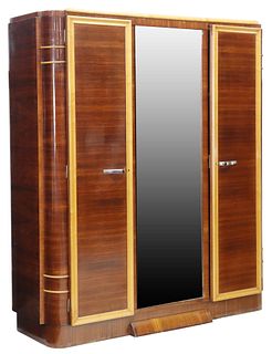 ART DECO ROSEWOOD & MAPLE MIRRORED TRIPLE ARMOIRE