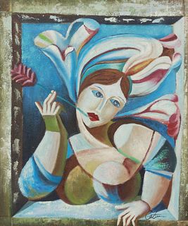 SIGNED CUBIST STYLE PAINTING LADY WITH FLOWER