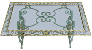 GLASS-TOP PAINTED & PARCEL GILT IRON COFFEE TABLE