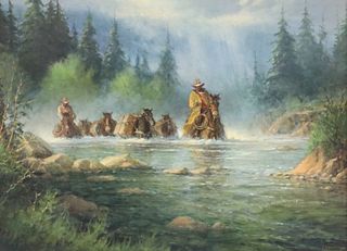 SIGNED G. HARVEY PRINT ON CANVAS RIVER CROSSING
