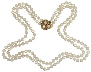 ESTATE DOUBLE-STRAND PEARL NECKLACE 14K GOLD CLASP