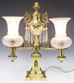 BRASS DOUBLE ARM ARGAND TWO-LIGHT TABLE LAMP