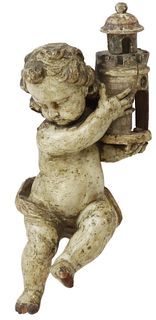 ARCHITECTURAL ITALIAN CARVED PAINTED PUTTO 18TH C.