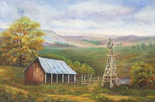 MARY HUDGINS (TX) LANDSCAPE WITH BARN & WINDMILL