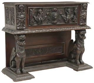 RENAISSANCE REVIVAL CARVED WALNUT CABINET ON STAND