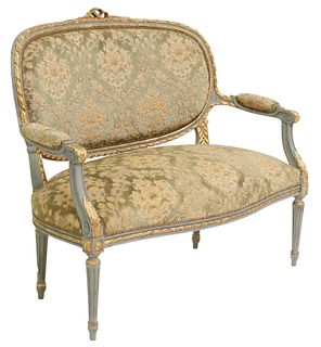 FRENCH LOUIS XVI STYLE PARCEL GILT PAINTED SETTEE