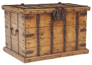 SPANISH WOOD & IRON STRAPWORK SILVER CHEST, 18TH C