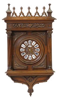 GOTHIC REVIVAL CARVED WALNUT CASED WALL CLOCK