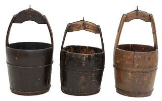(3) IRON-BOUND WOOD WELL BUCKETS, EARLY 20TH C.