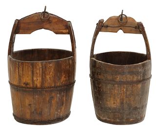 (2) IRON-BOUND WOOD WELL BUCKETS, EARLY 20TH C.