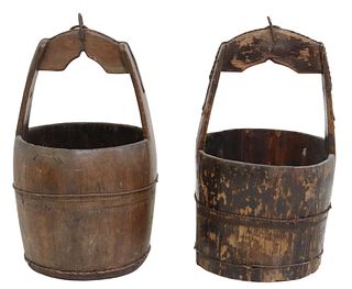 (2) IRON-BOUND WOOD WELL BUCKETS, EARLY 20TH C.