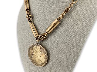 Antique Gold-Filled Chain Necklace with Silver Thaler Pendant