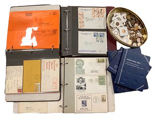 Stamps, Envelope Collection, and Small Assortment of Coins