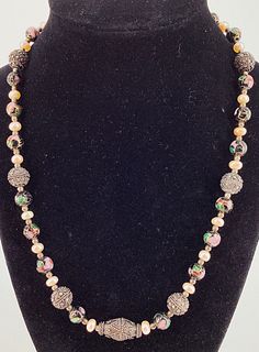 Necklace with Pearls, CloisonnÃ© & Sterling Beads