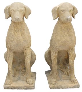 (2) LIFE-SIZE CAST STONE SEATED HUNTING DOGS, 28"H