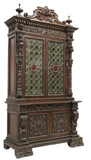 RENAISSANCE REVIVAL WALNUT STAINED GLASS BOOKCASE