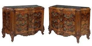 (2) LOUIS XV STYLE MARBLE-TOP BURLWOOD COMMODES
