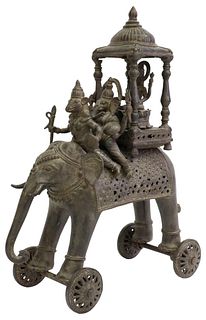 PATINATED BRONZE ELEPHANT & GODS TEMPLE TOY, INDIA