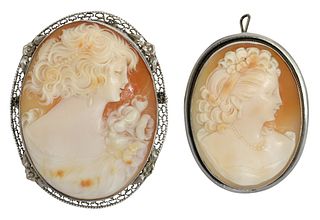 (2) ESTATE SILVER & CARVED SHELL CAMEO BROOCHES