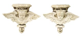(2) ARCHITECTURAL CAST PLASTER ANGEL WALL BRACKETS