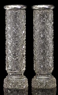 (2) RUSSIAN PATTERN CUT GLASS VASES STERLING RIMS