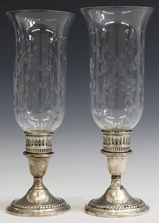 (2) WEIGHTED STERLING ETCHED GLASS HURRICANE LAMPS