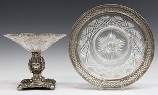 (2) SILVER & CUT CRYSTAL COMPOTE & SERVING PLATE
