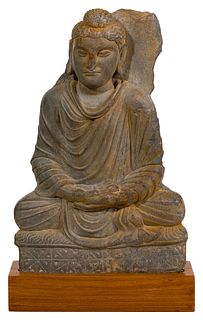 Asian Gandhara Gray Schist Sitting Buddha