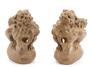 Pair of Carved Gray Stone Fu Lions, 7" Tall