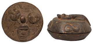 African Divination Carved Wood Bowl and Lids