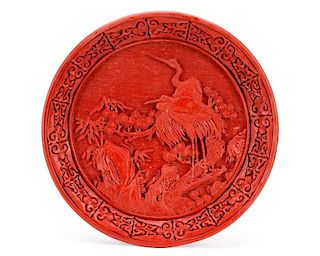 Chinese Cinnabar Charger, Two Cranes in Landscape